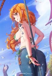 1girls ass ass_focus big_ass bikini_top clima-tact female female_focus ginger jeans large_ass male mitsu_art nami nami_(one_piece) one_piece orange_hair pirate post-timeskip shounen_jump tattoo tattooed_arm tattoos thigh_gap vinsmoke_sanji weapon