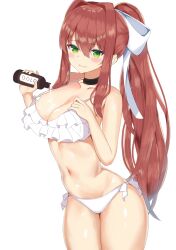 1girls :3 belly belly_button big_breasts blank_background blush bottle bow bra breasts brown_bottle brown_hair choker doki_doki_literature_club frilled_bra green_eyes hair hair_accessory hair_bow hair_ribbon hips liquid long_hair looking_at_viewer lube lube_bottle monika_(doki_doki_literature_club) navel panties ponytail pouring_on_breasts pouring_on_self pouring_onto_self smile smirking_at_viewer staring_at_viewer text thick_thighs thighs tummy white_background white_bow white_bra white_panties wide_hips yon4444444