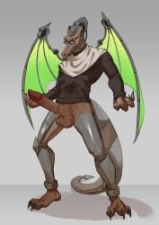 absurd_res anthro bottomless bottomless_male clothed clothing eyewear eyewear_only genitals glasses glasses_only hi_res long_penis male mechanical_dragon nude penis space_dragon_(metroid) sweater topwear trips_the_ridley wings