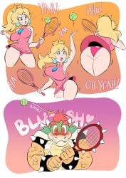 ass blush bowser female funsexydragonball interspecies mario_(series) mario_tennis nintendo panties pink_panties princess_peach skirt_lift tennis_court tennis_outfit underwear upskirt