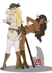 2girls artszenn axe bandana blonde_hair blue_eyes cow_girl dark-skinned_female female_minotaur high_heel_boots horns light-skinned_female minotaur minotaur_female red_eyes thighhighs