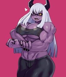 1girls big_breasts black_nails black_sclera breasts commission demon demon_girl demon_horns ezzyecchi female female_only flexing glasses horns long_hair looking_at_viewer muscles muscular muscular_female muscular_thighs pants purple_skin red_background sharp_fingernails smiling smiling_at_viewer solo solo_female topwear very_high_resolution white_hair wink winking_at_viewer yellow_eyes