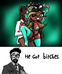 2boys breasts green_pussy leg_grab male marina_(splatoon) marvel meme multiple_boys nipples octoling request smile splatoon straight thighhighs tony_stark vaginal_penetration