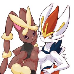 2girls :< anime_style anthro breasts chedx cinderace duo fanart female female_only fur furry furry_only lopunny mega_evolution mega_lopunny nintendo pokemon pokemon_(species) tail