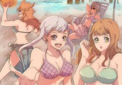 4girls back bangs bare_shoulders beach bikini black_clover breasts female female_only green_eyes grey_hair jinguu_(timaya) large_breasts long_hair mereoleona_vermillion mimosa_vermillion multiple_girls nebra_silva noelle_silva open_mouth orange_hair purple_eyes sunglasses swimsuit tagme twintails