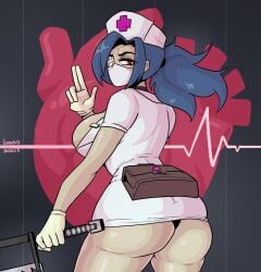 blue_hair bonesaw dress eyepatch facemask gloves large_ass large_breasts loggus_doggus looking_at_viewer nurse nurse_cap nurse_uniform one_eye_covered ponytail red_eyes short_dress short_skirt skullgirls tight_clothing tight_fit valentine_(skullgirls) wide_hips