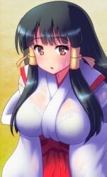 1girls amber_eyes arcana_heart big_breasts black_hair bra bra_visible_through_clothes breasts busty female female_only hakama highres japanese_clothes kasuga_maori large_breasts leaning_forward long_hair long_skirt looking_at_viewer miko open_mouth see-through skirt solo sweat sweaty_clothes underwear wet wet_clothes white_bra