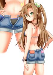 alternate_costume ass bare_shoulders bikini bow breasts brown_hair cellphone denim denim_shorts female from_behind green_eyes hairbow highres if_(neptunia) kyou long_hair looking_at_viewer looking_back multiple_views navel neptunia_(series) phone shiny shiny_hair shiny_skin short_shorts shorts side_ponytail sideboob small_breasts smile solo swimsuit very_long_hair