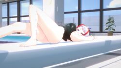 1girls black_swimsuit bottomless female female_only indie_virtual_youtuber indoors light-skinned_female light_skin onolumi_(vtuber) pool pose purple_eyes side_view solo swimsuit tangfox_(artist) thick_thighs virtual_youtuber vtuber