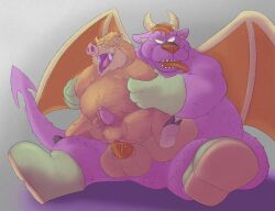 2022 anal anal_sex anthro archdemon_(dragon_quest) balls bastardpalace belly big_belly bovid bovine brown_body dragon dragon_quest duo erection genitals hi_res male male/male male_only mammal orc_(dragon_quest) overweight overweight_male penetration penis pink_body sex sitting square_enix suid suina sus_(pig) tongue tongue_out video_games wild_boar yaoi