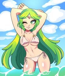 arms_above_head bbycheese big_breasts bikini green_eyes green_hair kid_icarus nintendo palutena water wide_hips wink