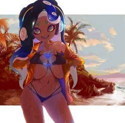 almost_naked background bare_shoulders beach belly_piercing brown_body brown_skin clothing_aside curvy dark-skinned_female exposed_breasts female female_focus female_only hand_posing hanging_breasts headphones hideyoshi_(swliyhbpe9xqqze) large_breasts long_hair looking_at_viewer marina_(splatoon) no_bra octoling posing smiling sole_female splatoon splatoon_2 swimsuit swimwear water water_drop wet_body wet_clothes wet_skin ヒデヨシ