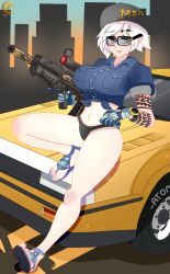 1girls assault_rifle breasts car clothing female female_only grand_theft_auto grand_theft_auto_online grand_theft_auto_v gta_online_female_character gun solo white_hair