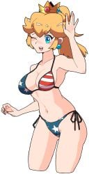 1girls absurdres american_flag_bikini big_breasts big_thighs bikini blonde_hair blue_eyes breasts busty cleavage crown earrings eyebrows_visible_through_hair female female_only flag_bikini flag_print highres legs light-skinned_female light_skin looking_at_viewer mario_(series) nail_polish navel nintendo omura_zojiki one_eye_closed open_mouth ponytail princess_peach red_nail_polish red_nails smile solo string_bikini swimsuit thick thick_hips thick_thighs thighs tied_hair white_background wide_hips wink