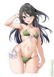 ass_visible_through_thighs bangs bikini black_hair blue_eyes breasts collarbone cropped_legs ebifurya female floating_hair green_bikini groin hair_between_eyes hand_on_own_thigh highres kantai_collection katsuragi_(kantai_collection) long_hair looking_at_viewer navel one-hour_drawing_challenge open_mouth simple_background small_breasts smile solo sparkle swimsuit thighs twitter_username white_background wide_hips