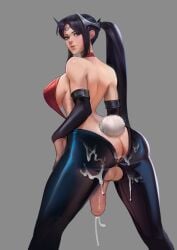 1futa back back_view balls big_penis black_hair breasts bunny_tail bunnysuit clothed clothing cum cum_on_ass ejaculation flaccid futa_only futanari hands-free handsfree_ejaculation human irelia_xan large_breasts large_penis league_of_legends leoquezadilla light-skinned_futanari light_skin long_hair looking_back mostly_clothed penis riot_games solo standing