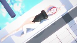 1girls black_swimsuit blue_eyes female female_only indie_virtual_youtuber indoors light-skinned_female light_skin onolumi_(vtuber) pool pose pov_eye_contact purple_eyes red_hair solo swimsuit tangfox_(artist) virtual_youtuber vtuber white_hair