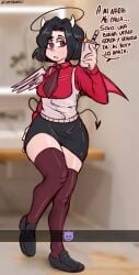 angel_wings aureola bathroom black_hair black_strawberry_14 clothed demon_horns demon_wings female human legwear motoanexo red_eyes selfie spanish_text superbinario wide_hips wings youtube youtube_hispanic youtuber youtuber_girl