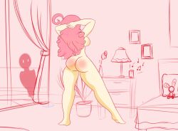 1girls 1other arms_behind_head ass bedroom breasts completely_nude completely_nude_female female full_body limbros listening_to_music melody_(limbros) naked naked_female nude nude_female oc original original_character peeking pink_background pink_hair rear_view white_skin