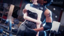 2girls 3d 3d_(artwork) biting_lip blizzard_entertainment bodysuit crop_top d.va dark-skinned_female fingering fingering_partner fingering_under_clothes gym hand_in_pants intimate leather licking moonroomoom overwatch pharah seductive short_hair shorts sports_bra sportswear underboob yuri