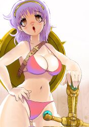 1girls athena_(series) big_breasts bikini blush breasts brown_eyes busty child_bearing_hips cleavage female female_only hand_on_hip highres hips large_breasts legs lipstick long_hair makeup navel open_mouth princess_athena purple_hair red_bikini shield snk solo swimsuit sword thick_thighs thighs weapon