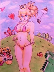 1boy 1girls absurdres big_breasts bikini blonde_hair blue_eyes breasts busty camera cleavage covered_erect_nipples erect_nipples_under_clothes female goomba heart heart-shaped_eyes highres idendrawx lakitu large_breasts legs lipstick looking_at_viewer makeup male mario_(series) navel nintendo parted_lips ponytail princess princess_peach smile super_mario_bros. swimsuit teasing thighs thong_bikini traditional_media voluptuous wario