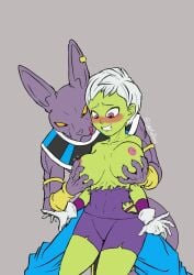 alien alien_humanoid animal_humanoid anthro armband armor beerus black_eyes blush blushing_profusely bottomwear breast_grab breasts cat_humanoid cheelai claws claws_out clenched_teeth clothed clothing deity domestic_cat dragon_ball dragon_ball_super dragon_ball_super_super_hero duo ear_piercing ear_ring egyptian egyptian_cat egyptian_clothing egyptian_god embarrassed exposed_breasts eyelashes felid felid_humanoid feline feline_humanoid felis female fur gauntlets gloves green_body green_skin grey_background grope groping_breasts groping_from_behind hair hairless hairless_cat hand_on_breast handwear hi_res holding_breast humanoid imminent_sex interspecies licking licking_lips licking_own_lips looking_down male male/female mammal mammal_humanoid muscular muscular_anthro muscular_male nipples pants partially_clothed piercing pink_eyes pupils purple_body purple_fur ring_piercing self_lick shirt short_hair shorts shy simple_background slit_pupils sphynx_(cat) standing surprise surprised_expression surprised_face surprised_look teeth tongue tongue_out topwear torn_clothing torn_shirt torn_topwear walfredinac white_hair yellow_sclera