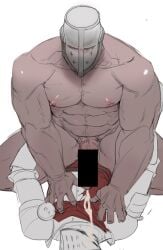 2boys abs armor ashen_one bara cathedral_knight censored cum d_bdbd dark_souls dark_souls_3 ejaculation erect_nipples erection fromsoftware helmet inverted_nipples knight male male_only masked masked_male muscular muscular_male nude penis sitting_on_person size_difference spread_legs veiny_muscles