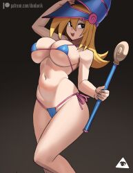 1girls 2022 absurd_res alternate_eye_color artist_logo artist_signature bikini black_eyes blonde_hair blue_bikini breasts dark_magician_girl donburikazoku female female_only hat hips holding_object huge_breasts large_hat long_hair micro_bikini patreon_username simple_background slim_waist solo staff thick_thighs thighs wide_hips witch_hat yu-gi-oh!