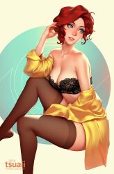 black_bra black_panties blue_eyes lipstick red_(transistor) red_hair stockings_thigh_highs transistor_(game) tsuaii