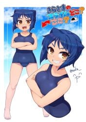 1girls alternate_breast_size animal_ears arcana_heart big_breasts blue_hair breast_hold breasts brown_hair busty cat_ears crossed_arms daidouji_kira feet female female_only grin highres japanese_text large_breasts legs looking_at_viewer nalia open_mouth short_hair smile solo thighs translated