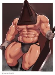 1boy abs bara bulge gay gloves helmet horror_himbos jockstrap male male_only muscular muscular_male muscular_thighs pecs pyramid_head shiny_skin silent_hill silent_hill_2 solo thick_thighs thunder_thighs topless topless_male underwear weapon white_gloves