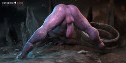 1boy 1male 3d ass ass_up balls bara color dick erection face_down_ass_up gay helmet jack-o_pose jackochallenge male male_only marvel marvel_cinematic_universe marvel_comics muscular muscular_male nude outdoors outside presenting_ass purple_body purple_skin solo soto thanos