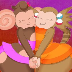 2girls 3barts :3 absurd_res anthrofied big_breasts bottom_heavy breast_press breast_squish bubble_butt female/female flower_in_hair hair_ornament holding_hands hourglass_figure huge_ass lemur lesbian meemee monkey pink_skirt sega simple_background skirt smiling striped_clothing striped_dress striped_tail super_monkey_ball thick_thighs two_tone_fur wide_hips yanyan