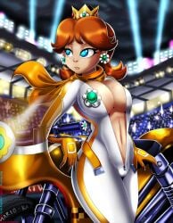 1girls alternate_breast_size big_breasts bike blue_eyes blush bodysuit breasts brown_hair bursting_breasts busty cleavage clothed clothing color crown curvy earrings female female_only freckles gloves hair hi_res human jumpsuit large_breasts light-skinned_female mario_(series) mario_kart mario_kart_8 mario_kart_stadium midriff mostly_clothed motorcycle navel nintendo no_bra princess_daisy racing scarf sensual shadman solo standing unzipped voluptuous