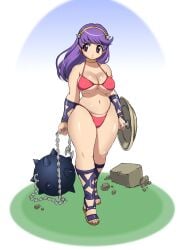 1girls absurdres ankle_lace-up athena_(series) ball_and_chain_(weapon) belly big_breasts bikini breasts busty child_bearing_hips cleavage cross-laced_footwear curvy female female_only flail gladiator_sandals highres hip_focus hips large_breasts legs long_hair navel pink_bikini pink_eyes plump princess_athena purple_hair sandals shield solo swimsuit thick_thighs thighs uno_makoto voluptuous warrior weapon wide_hips