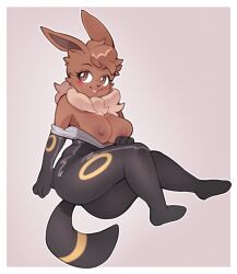 4_fingers anthro anthro_only black_body black_fur blush breasts brown_body brown_eyes brown_fur brown_hair canid canine chest_tuft clothing costume digital_media_(artwork) eevee eeveelution exposed_breasts feet female fingers fur hair hi_res looking_back mammal nintendo nipples no_humans open_mouth pokémon_(species) pokemon pokemon_(cosplay) punkinbuu simple_background skinsuit smile solo tight_clothing tuft umbreon umbreon_(cosplay) umbreon_skinsuit video_games