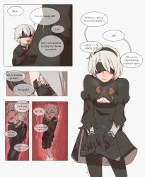 1boy 1girls bilefangz blindfold breasts clothing english_text female giantess hairband light-skinned_female light-skinned_male light_skin macro male micro nier nier:_automata short_hair size_difference text unbirthing vore white_background white_hair yorha_2b yorha_9s