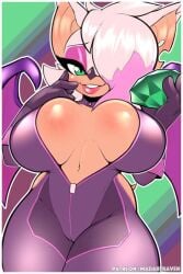 bat_wings big_lips breasts chaos_emerald cleavage furry green_eyes hair_over_one_eye hi_res large_breasts latex looking_at_viewer madartraven rouge_the_bat seductive_smile sonic_(series) thick_thighs white_hair wide_hips