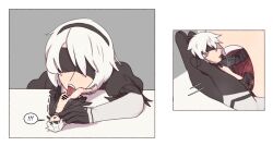 1boy 1girls bilefangz blindfold female giantess hairband licking_penis light-skinned_female light-skinned_male light_skin macro male micro nier nier:_automata nude nude_male penis short_hair size_difference white_background white_hair yorha_2b yorha_9s