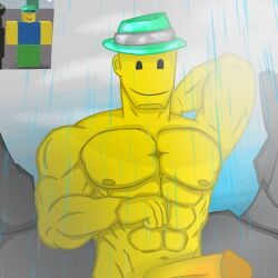 1boy arm_behind_back gay gay_sex hat juke's_towers_of_hell kendrick_nsfw male male_focus male_only muscle muscles muscular muscular_male narby_and_norby_(jtoh) norby_(jtoh) rain raining roblox roblox_game robloxian sex sex_machine sex_toy smile solo solo_focus solo_male source_request tagme yellow_body yellow_skin