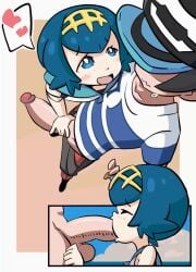 animated big_penis blowjob blue_hair clothed dark_hair elio_(pokemon) fellatio gif handjob human lana_(pokemon) male mob_face pale-skinned_male penis pokemon pokemon_sm skinny_male tanned_female