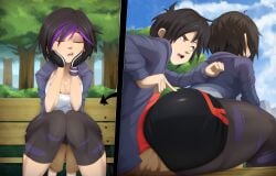 1boy 1girls 2022 2d age_difference asian asian_female ass big_ass big_hero_6 black_hair breasts buttjob buttjob_over_clothes cleavage clothed clothing comic disney eyes_closed female fingerless_gloves gloves gogo_tomago highlights_(coloring) hiro_hamada huge_ass large_ass larger_female leggings light-skinned_female light_skin marvel multicolored_hair oblivious purple_hair ravenravenraven sitting sitting_on_lap sitting_on_person thick_thighs two_tone_hair