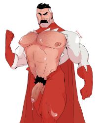 1boy cape dilf fabssdaf invincible invincible_(comics) male male_focus male_only moustache muscular muscular_male mustache nolan_grayson omni-man penis_out precum precum_drip solo_male yaoi