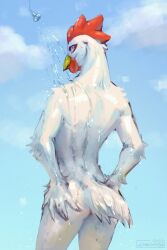 anthro ass avian beak cloud day elbow_tuft glistening glistening_eyes hi_res looking_at_viewer looking_back lostgoose male nude rear_view red_eyes shoulder_tuft shower sky solo standing tuft water wet wet_body white_body white_tail yellow_beak