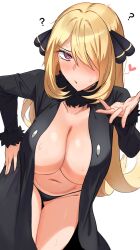 blonde_hair blowing_kiss breasts chicks61665407 cynthia_(pokemon) hair_ornament hair_over_one_eye hypnosis long_hair niwatorigun panties pokemon sweaty