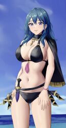 1girls alternate_costume amayo_thranana bangs bikini black_bikini black_cape black_swimsuit blue_eyes blue_hair blue_sky breasts byleth_(fire_emblem) byleth_(fire_emblem)_(female) byleth_(summer)_(fire_emblem)_(female) cape cleavage closed_mouth cloud collarbone commentary_request cowboy_shot dagger day female female_only fire_emblem fire_emblem:_three_houses fire_emblem_heroes hair_between_eyes hand_on_hip highres knife large_breasts long_hair looking_at_viewer midriff navel nintendo ocean official_alternate_costume sheath sheathed sidelocks single_bare_shoulder sky smile solo standing swimsuit tassel thrananaart weapon wristband