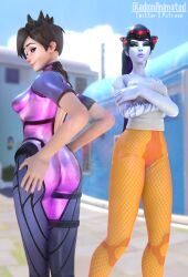 2girls 3d 3d_(artwork) alternate_costume annoyed annoyed_expression ass back back_view big_ass big_butt blender blender_(software) blue_body blue_skin bodysuit clothes_swap costume_switch curvy female female_only fit fit_female gladionanimated hand_on_ass hand_on_hip jealous leggings light-skinned_female light_skin looking_away looking_back overwatch overwatch_2 pale-skinned_female pale_skin purple_body thick_thighs thighs tight_clothing tracer tracer_(cosplay) widowmaker widowmaker_(cosplay)