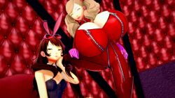 16:9 2girls 3d 3d_(artwork) alternate_breast_size ann_takamaki background big_breasts blonde_hair bodysuit breast_size_difference breasts brown_hair bunny_ears bunny_girl bunnysuit cleavage female female_only gigantic_breasts huge_breasts idol jealous kujikawa_rise large_breasts megami_tensei persona persona_4 persona_5 red_bodysuit skin_tight tight_clothing tights top_heavy twintails unski113d