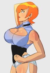 1girls ben_10 big_breasts choker donchibi dressed female future_gwen grabbing_own_hair green_eyes gwen_tennyson large_ass large_breasts orange_hair red_hair sad_face solo